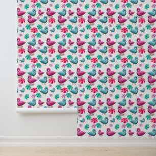 Papier Peint Canard mignon motif floral Kawaii rose bleu