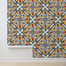 Carreau de majolique sicilien floral rouge safran