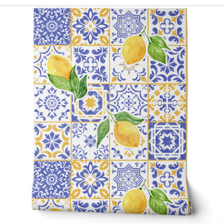 Papier Peint Carreau de motif de citron d'aquarelle méditerrané