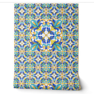 Papier Peint Carreau mural méditerranéen bleu turquoise jaune d