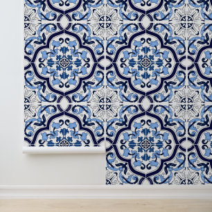 Papier Peint Carreau sicilien en majolique floral bleu profond