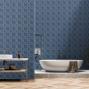 Papier Peint Carreaux bleus floraux