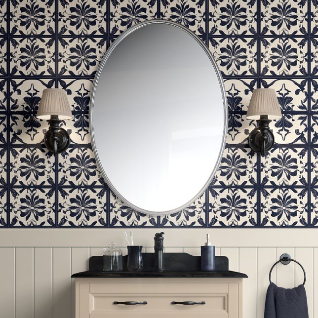Papier Peint Carreaux de fleurs de minuit - Marine et ivoire -  (Midnight Floral Tiles Peel and Stick Wallpaper)