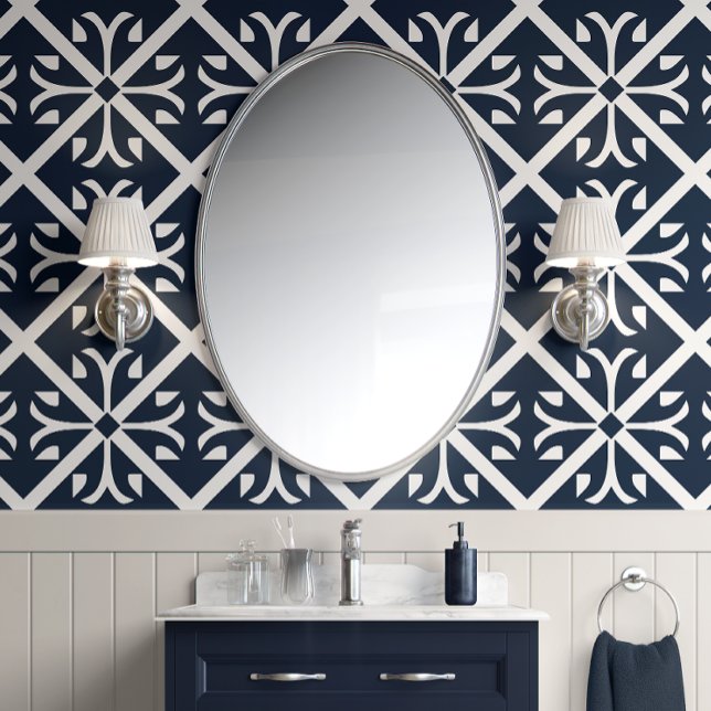 Papier Peint Carreaux de marine classique - Marine et blanc - T (Classic Navy Tiles - Navy and White - Traditional Peel and Stick Wallpaper)