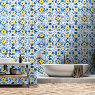 Papier Peint Carreaux de style méditerranéen bleu jaune à motif