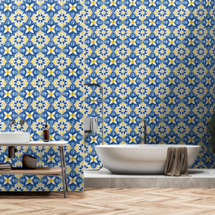 Papier Peint Carreaux Méditerranéens Fleuris Bleu Jaune