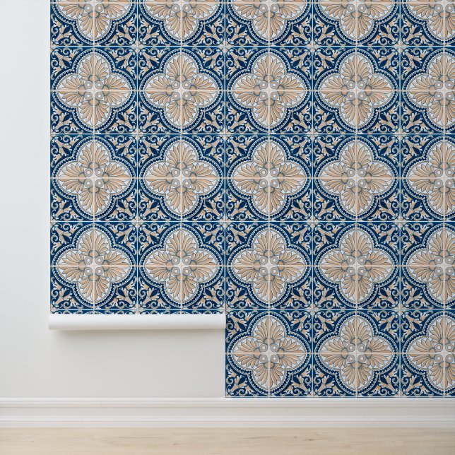 Papier Peint Carrelage bleu méditerranéen traditionnel (Application)
