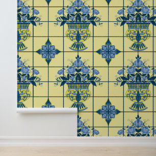 Papier Peint Carrelage d'arrangement floral bleu et jaune