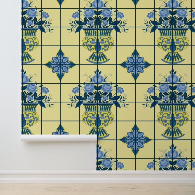 Papier Peint Carrelage d'arrangement floral bleu et jaune (Application)