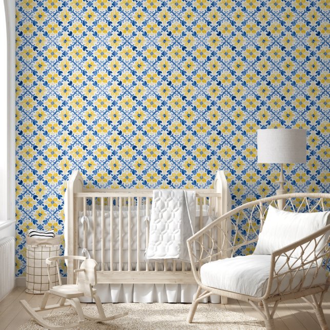 Papier Peint Carrelage floral Méditerranée Inspiré bleu jaune (Enfants)