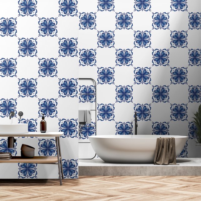 Papier Peint Carrelage méditerranéen bleu et blanc élégant (Salle de bain)