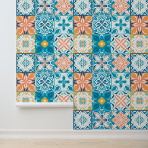 Papier Peint Carrelage orange et bleu