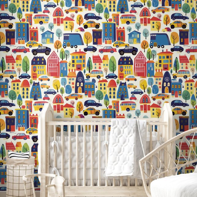 Papier Peint Cartoon Maisons Voitures Arbres Motif pour Enfants (Cartoon Houses Cars Trees Pattern for Kids Room Wallpaper)
