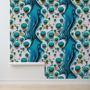 Papier Peint Cascade et bulles d'eau bleue et or