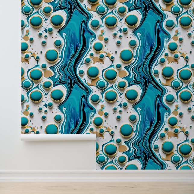 Papier Peint Cascade et bulles d'eau bleue et or (Application)