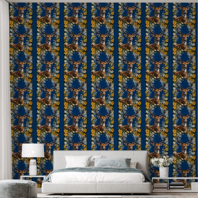 Papier Peint Cerf De Virginie Entouré De Fleurs (Chambre à coucher)
