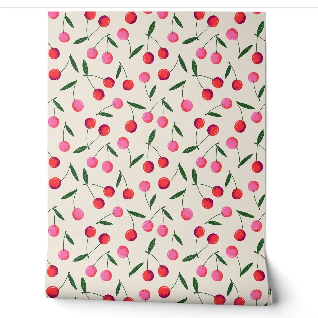 Papier Peint Cerises de Berry Retro jetées sur crème - Cuisine (Déroulement)