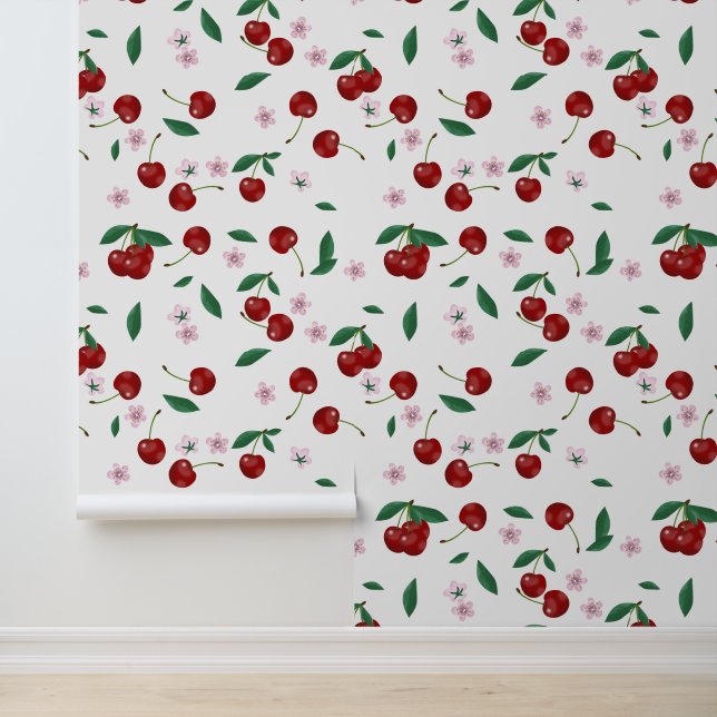Papier Peint Cerises rouges botaniques Verdure & Fleurs de ceri (Application)