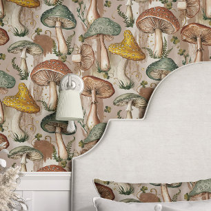 Papier Peint Champignons et Fougères Rétro Charme Rustique