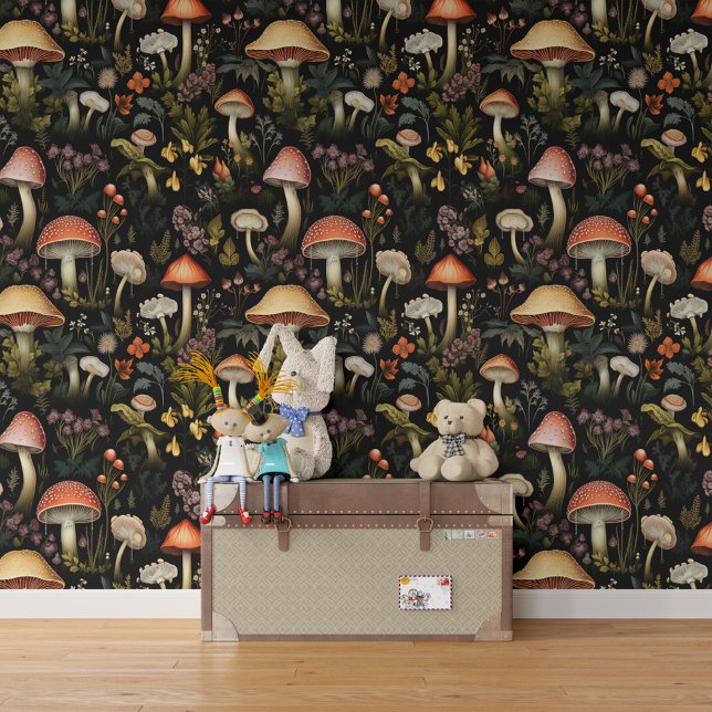 Papier Peint Champignons Fleurs Plantes Motif d'illustration (Créateur téléchargé)