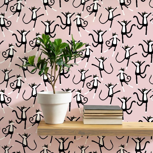 Papier Peint Chat de danse Motif rose pâle (Black and white tuxedo kitty cat pattern blush pink peel and stick wallpaper)