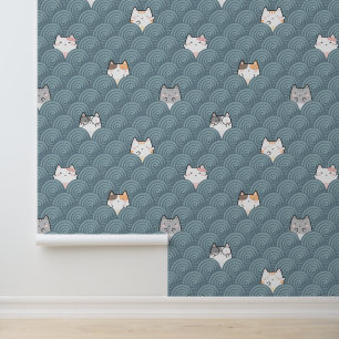 Papier peint chat mignon kawaii tourbillon bleu