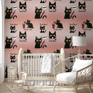 Papier Peint Chat noir Whimsical moderne rétro - Pinkish
