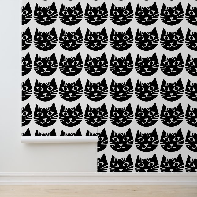 Papier Peint Chat souriant Motif noir et blanc mignon (Application)