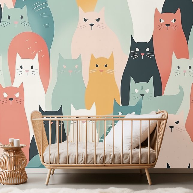 Papier Peint Chats adorables Jouer Neutre Motif Pastel (Créateur téléchargé)