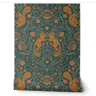 Papier Peint Chats bohèmes raffinés - Moody Turquoise & Orange
