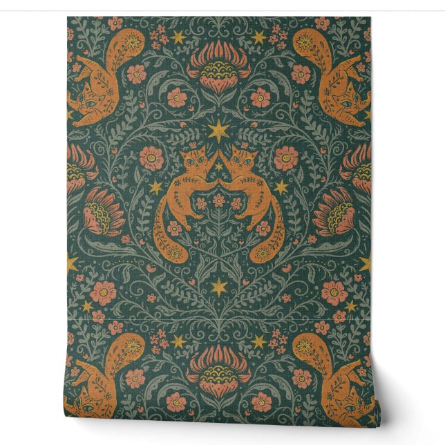 Papier Peint Chats bohèmes raffinés - Moody Turquoise & Orange (Déroulement)