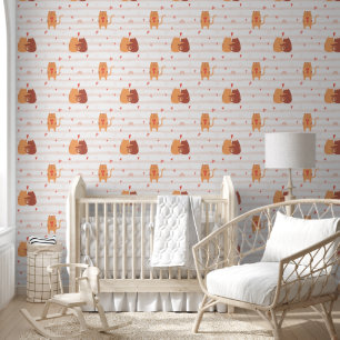 Papier Peint Chats mignons, Coeurs et rayures roses de Pêche - 
