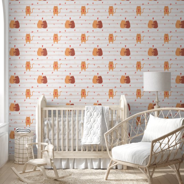 Papier Peint Chats mignons, Coeurs et rayures roses de Pêche -  (Enfants)