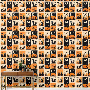 Papier Peint Chats noirs, citrouilles et chauves-souris pour Ha
