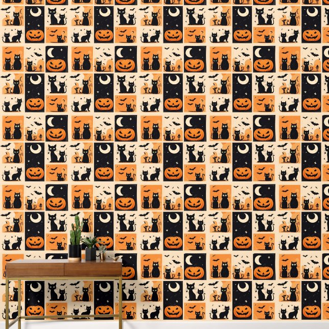 Papier Peint Chats noirs, citrouilles et chauves-souris pour Ha (Couloir)