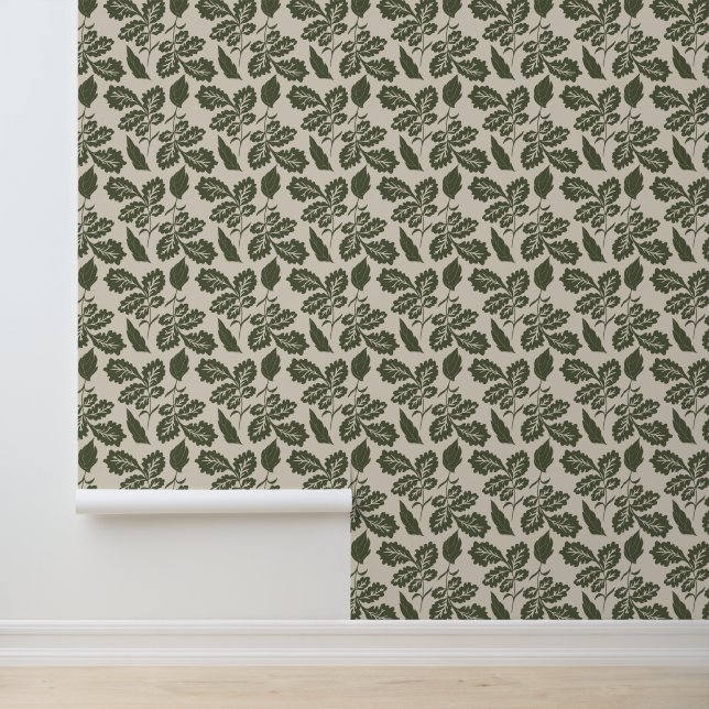 Papier Peint Chêne Feuille vert et ivoire moderne (Application)