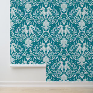 Papier Peint Cheval de mer Côtier Damas Turquoise Bleu