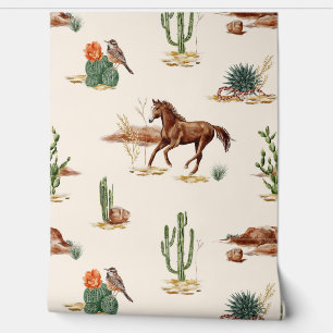 Papier Peint Cheval et cactus faunique aquarelle du désert rust