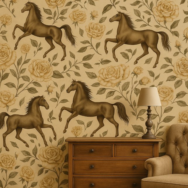 Papier Peint Cheval vintage et Floral Rose (Créateur téléchargé)