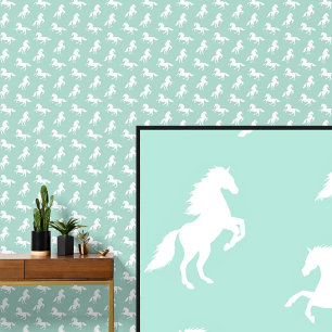 Papier Peint Chevaux blancs sur Vert doux clair