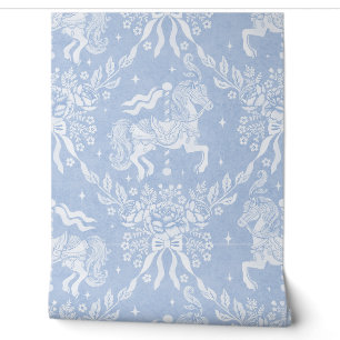 Papier Peint Chevaux de carrousel et florales bleu barbeau Roco