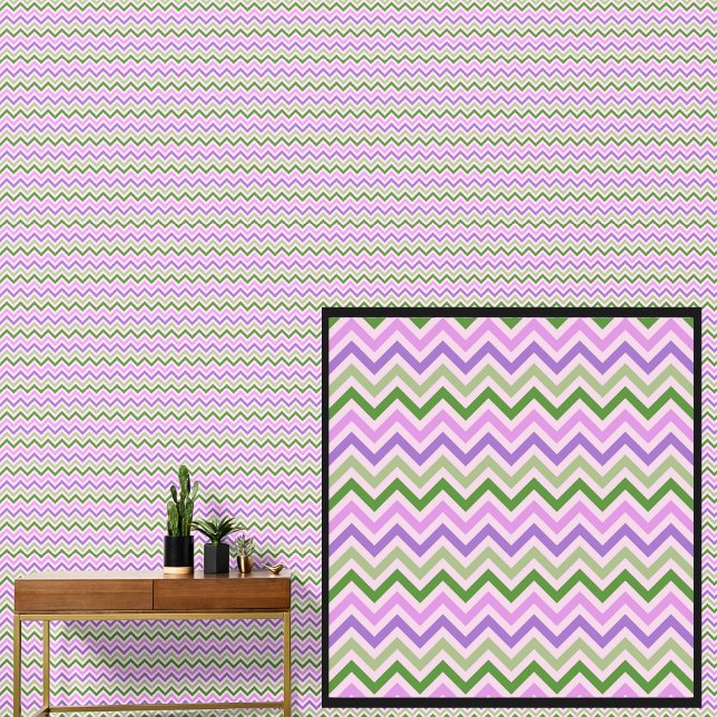 Papier Peint Chevron vert rose mauve géométrique sur crème (Créateur téléchargé)
