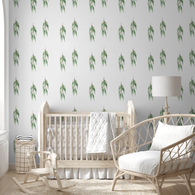Papier Peint Chic Blanc Vert Naturel Eucalyptus Feuilles (Enfants)
