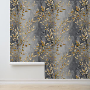 Papier Peint Chic Feuilles d'or gris lisse