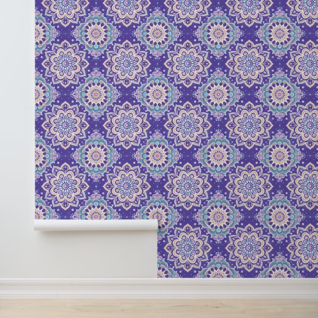 Papier Peint Chic Turquoise blanc Brown violet Mandala Peel & S (Application)