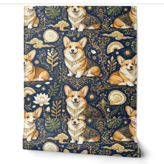 Papier Peint Chiens Corgi Élégants Motif Damassé Or Bleu Nuit 