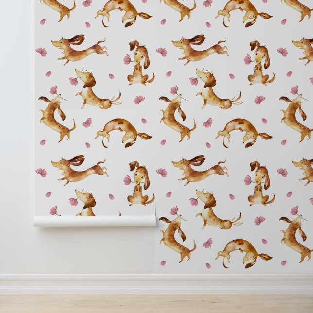 Papier Peint Chiens de chiot rose rose floral (Application)