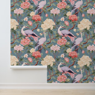 Papier Peint Chinoiserie Jade Flowers & Egrets Motif