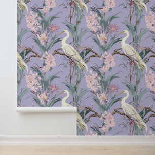 Papier Peint Chinoiserie Lavender Flowers & Egrets Motif