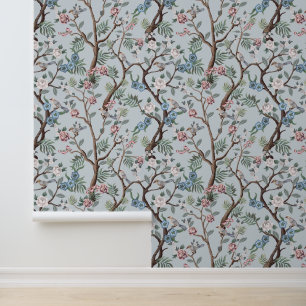Papier Peint Chinoiserie Peony Fleurs, Arbres & Oiseaux gris cl